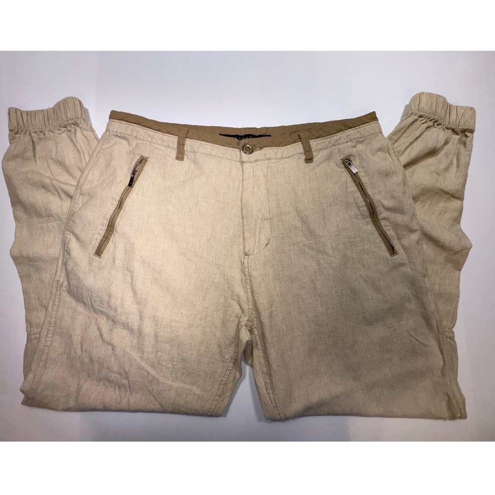Sean John Mens Linen Blend Pinstripe Jogger Pants Beige Tan Size 34 Elastic Cuff